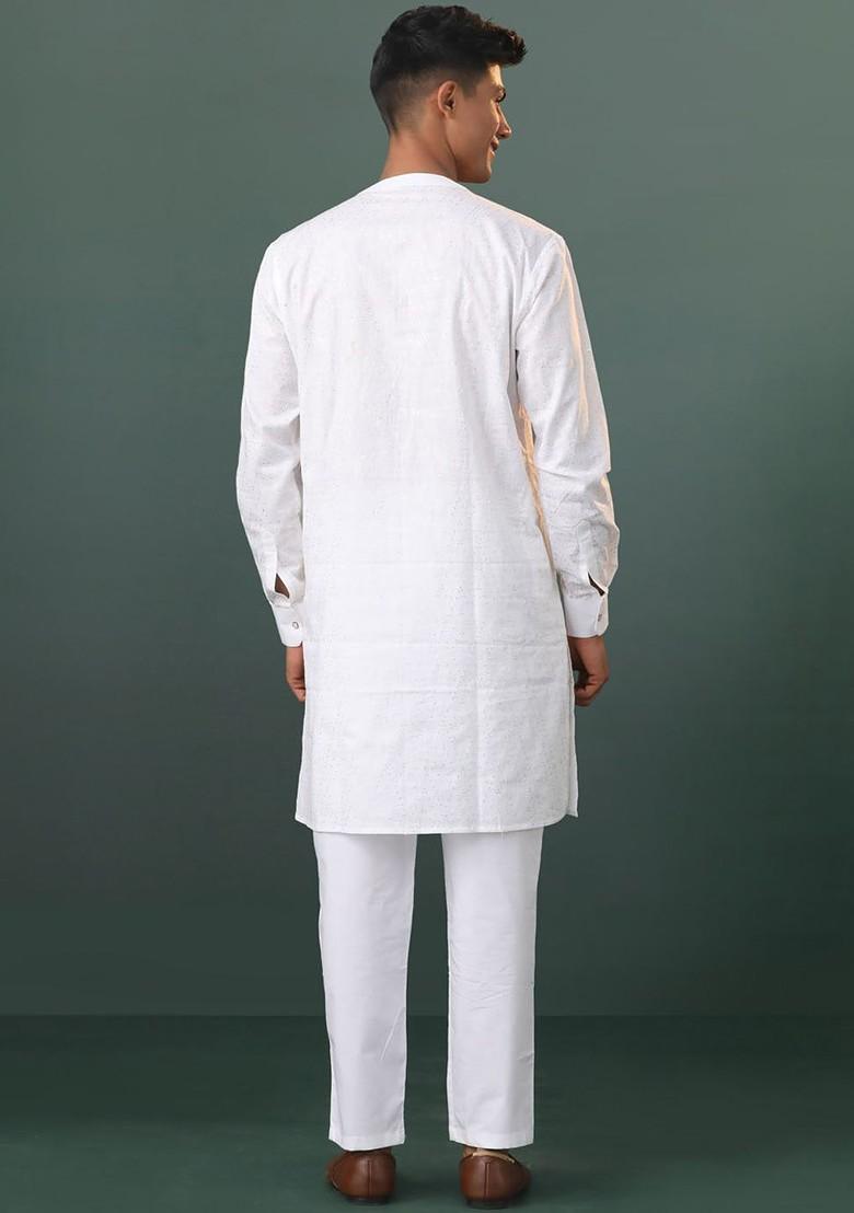 White Embroidered Poly Blend Kurta Set For Men