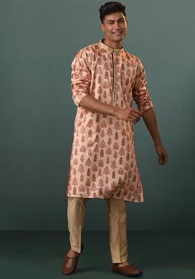 Peach Floral Print Poly Blend Kurta Set For Men