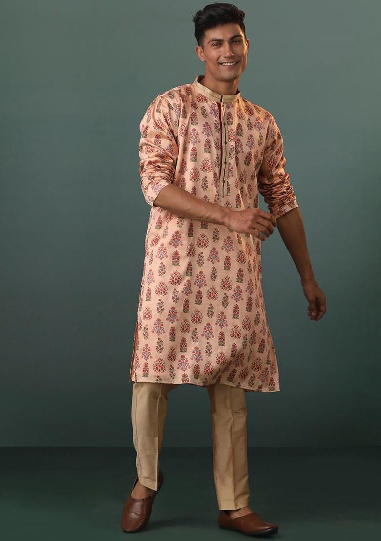 Peach Floral Print Poly Blend Kurta Set For Men