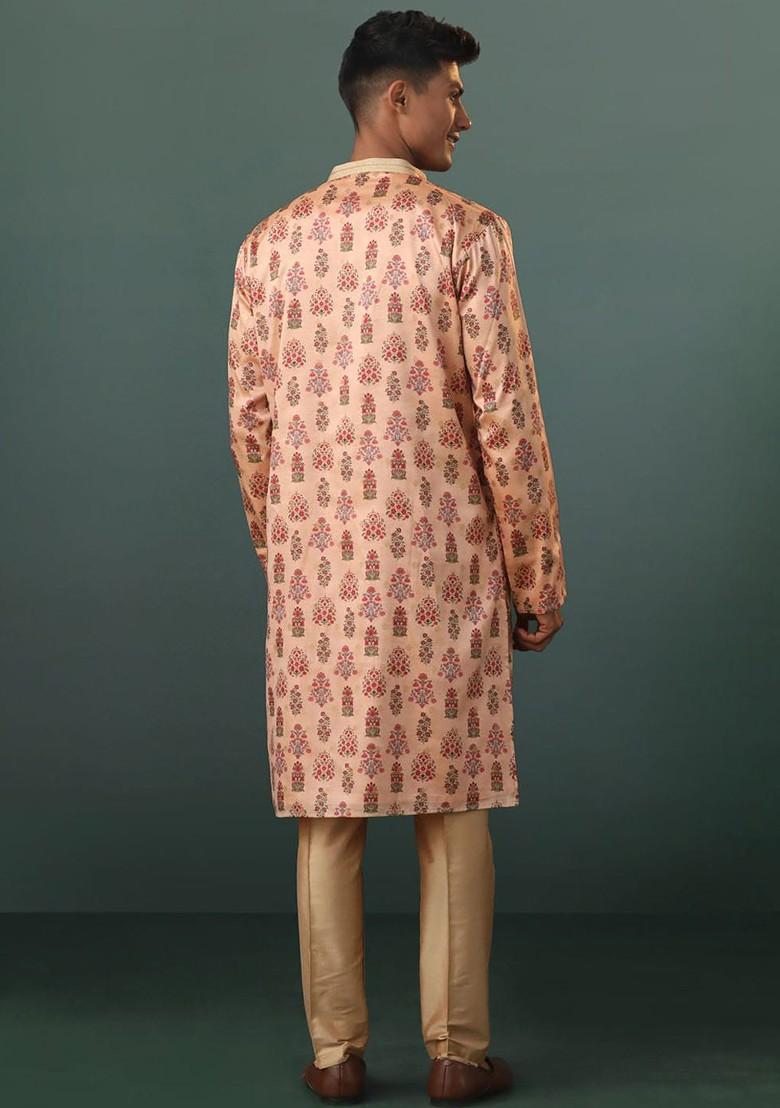 Peach Floral Print Poly Blend Kurta Set For Men