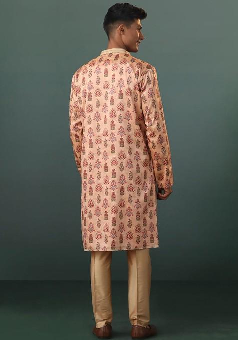 Peach Floral Print Poly Blend Kurta Set For Men