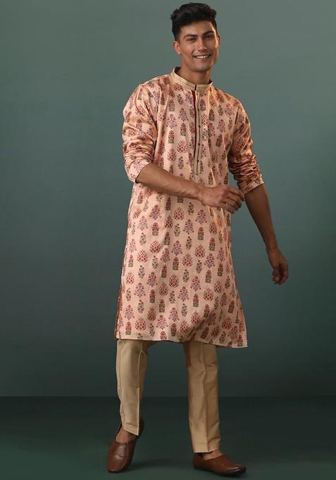 Peach Floral Print Poly Blend Kurta Set For Men