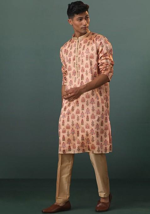 Peach Floral Print Poly Blend Kurta Set For Men