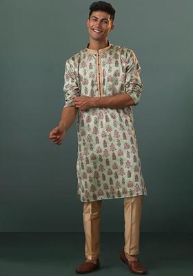 Blue Floral Print Poly Blend Kurta Set For Men