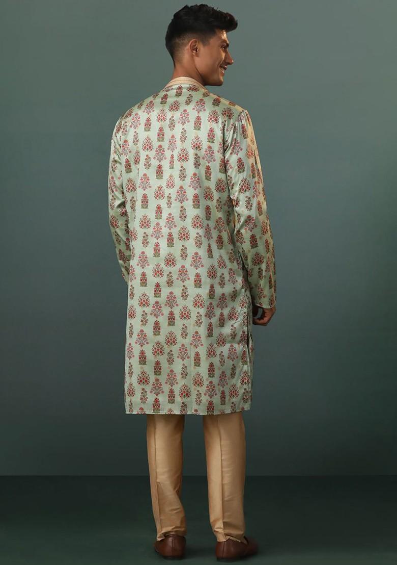 Blue Floral Print Poly Blend Kurta Set For Men