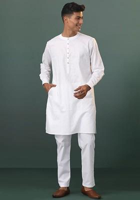 White Embroidered Poly Blend Kurta Set For Men