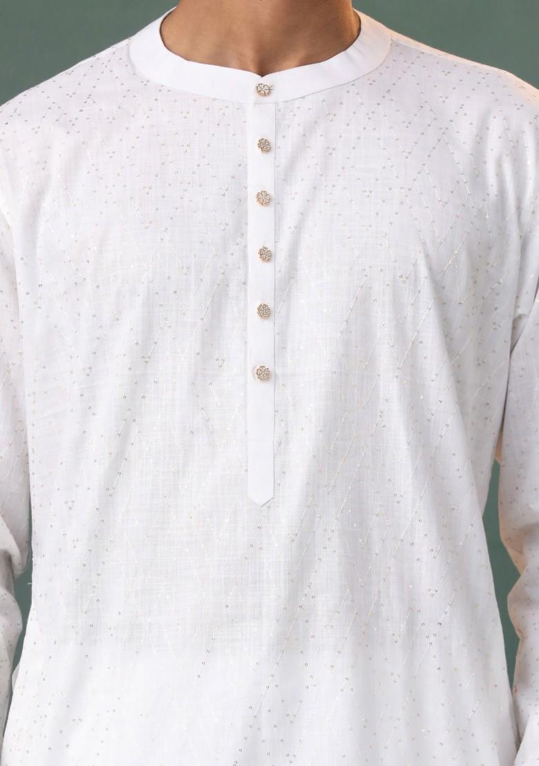 White Embroidered Poly Blend Kurta Set For Men