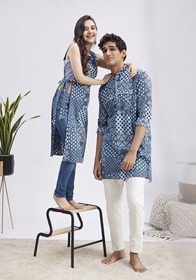 Blue Floral Print Poly Blend Kurta Set For Men