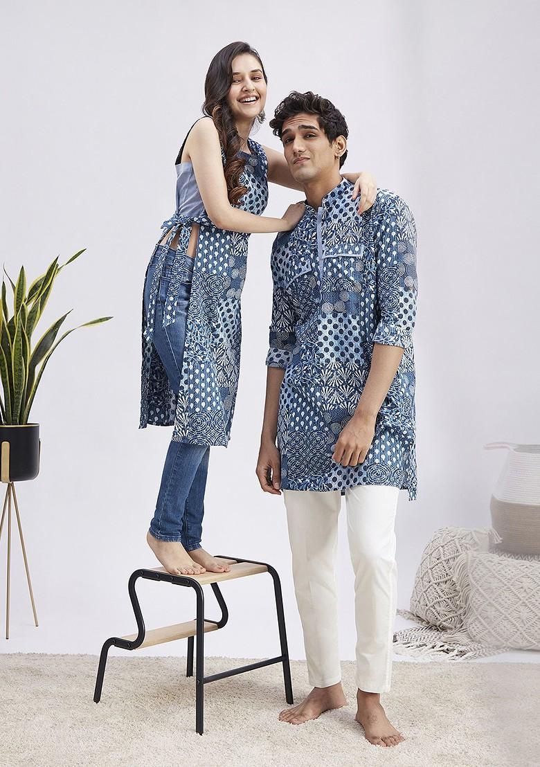Blue Floral Print Poly Blend Kurta Set For Men