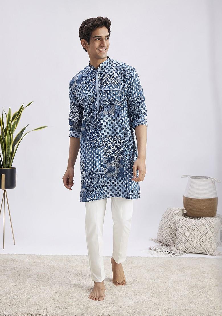 Blue Floral Print Poly Blend Kurta Set For Men