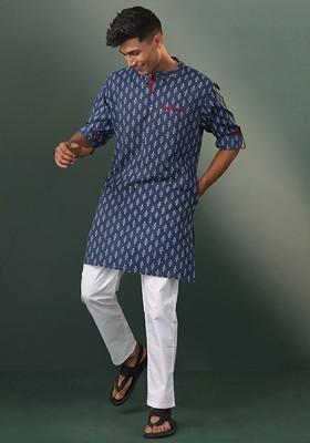 Navy Blue Ethnic Motifs Poly Blend Kurta Set For Men