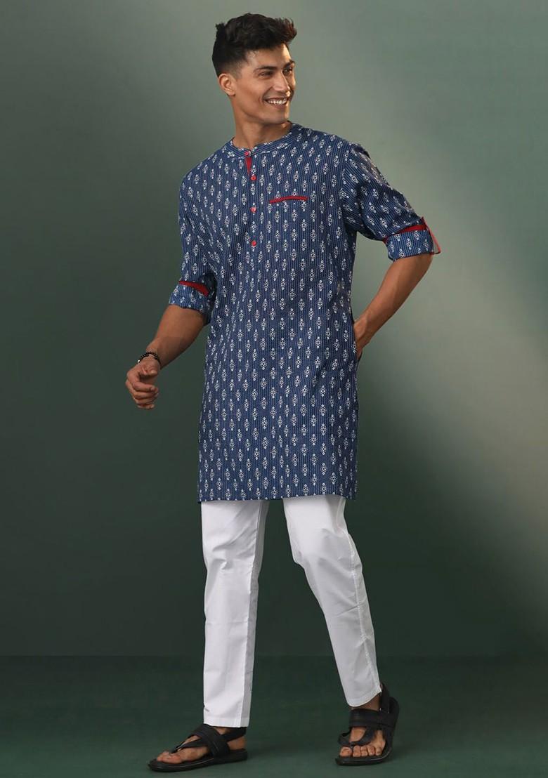 Navy Blue Ethnic Motifs Poly Blend Kurta Set For Men