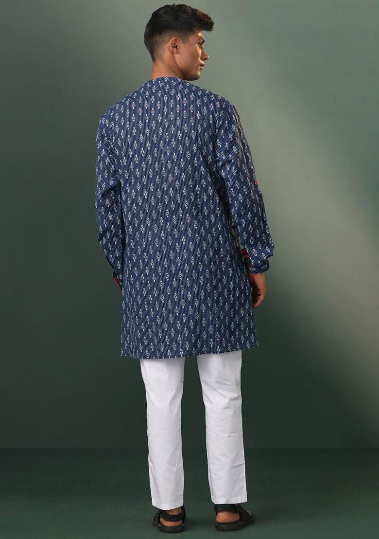 Navy Blue Ethnic Motifs Poly Blend Kurta Set For Men