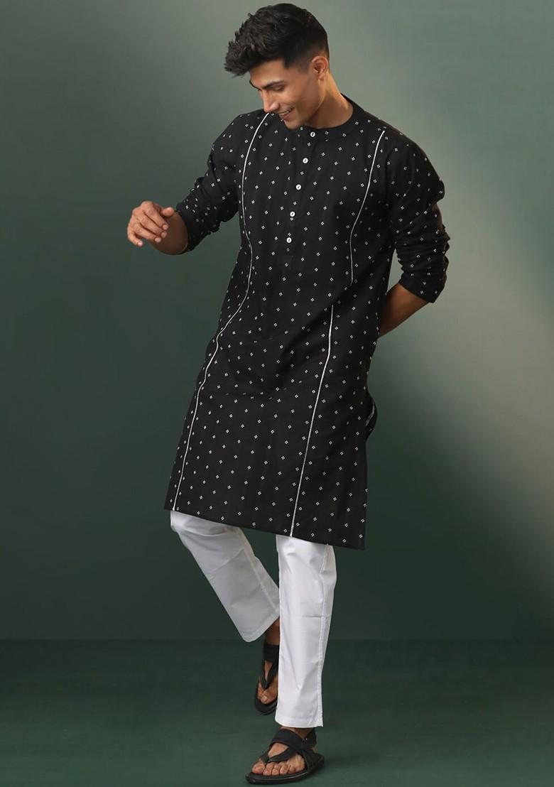Black Bandhani Print Poly Blend Kurta Set For Men