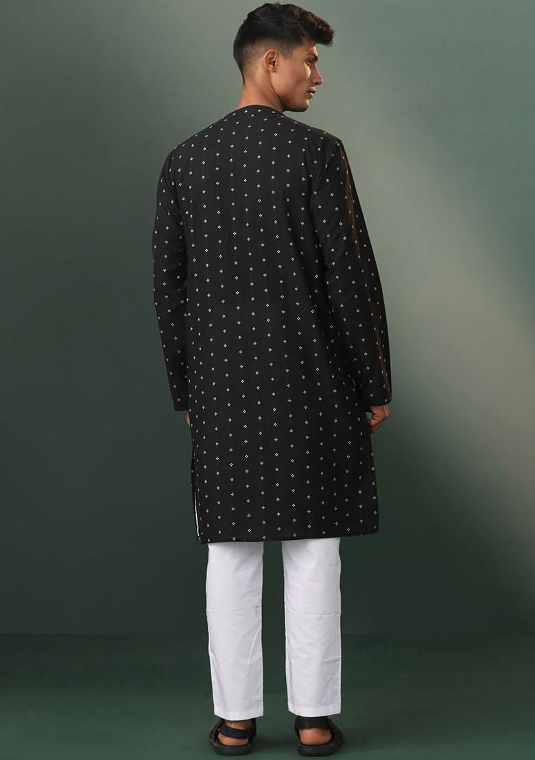 Black Bandhani Print Poly Blend Kurta Set For Men