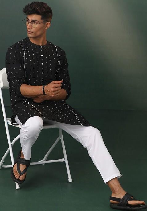Black Bandhani Print Poly Blend Kurta Set For Men