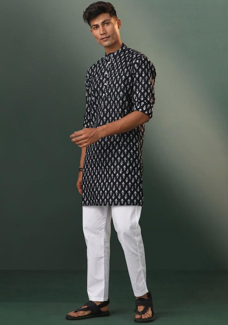 Black Ethnic Motifs Cotton Kurta Set For Men