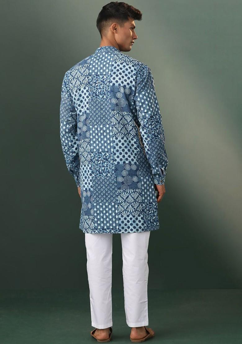 Blue Geometric Print Poly Blend Kurta Set For Men