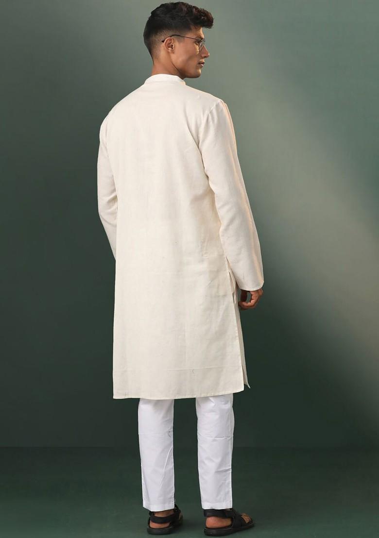 Cream Solid Cotton Kurta Set For Men