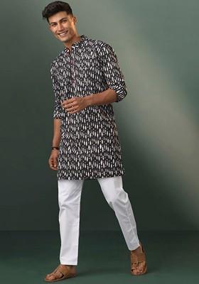 Black Ethnic Motifs Poly Blend Kurta Set For Men