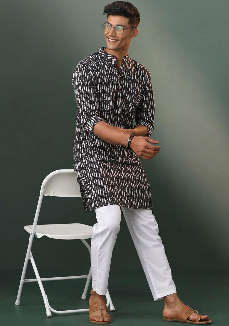Black Ethnic Motifs Poly Blend Kurta Set For Men