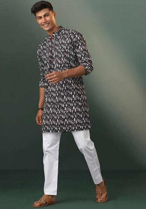 Black Ethnic Motifs Poly Blend Kurta Set For Men