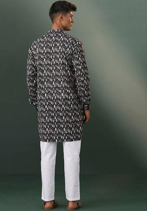 Black Ethnic Motifs Poly Blend Kurta Set For Men