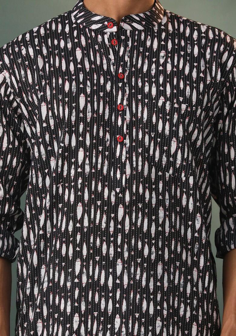 Black Printed Poly Blend Kurta Set For Men