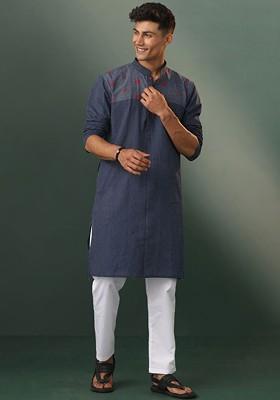 Navy Blue Striped Poly Blend Kurta Set For Men