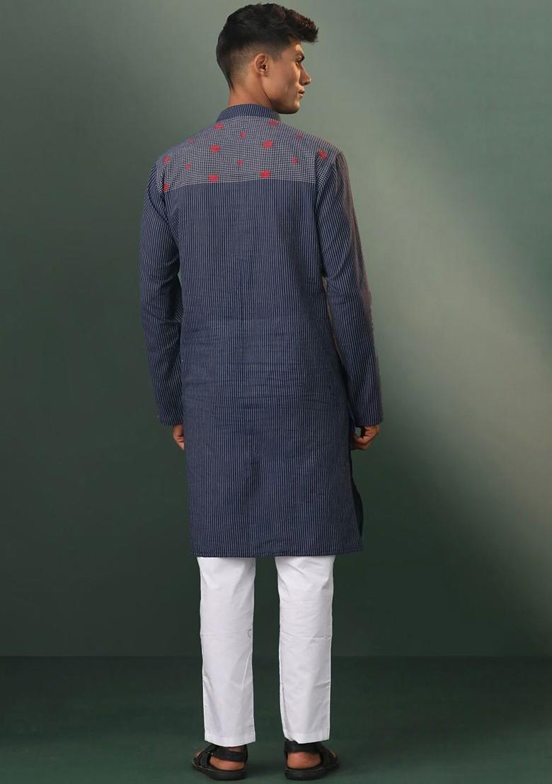 Navy Blue Striped Poly Blend Kurta Set For Men