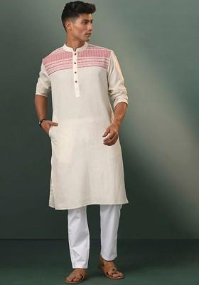 Cream Solid Jacquard Kurta Set For Men