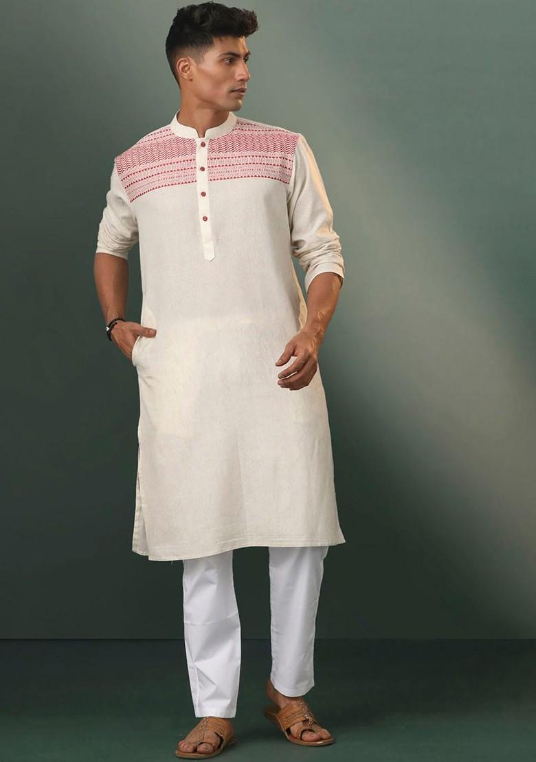 Cream Solid Jacquard Kurta Set For Men