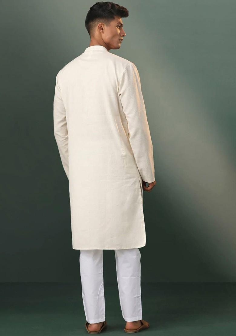 Cream Solid Jacquard Kurta Set For Men