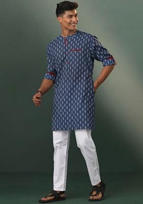 Navy Blue Floral Print Poly Blend Kurta Set For Men