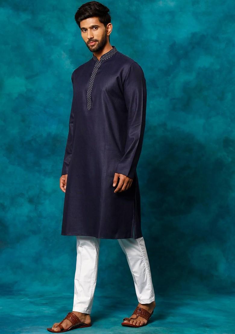 Navy Blue Solid Poly Blend Kurta Set For Men