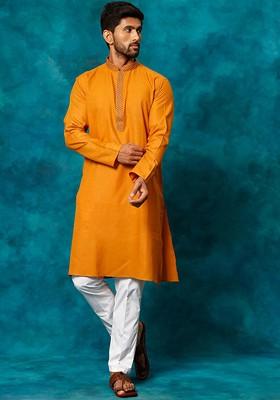 Orange Solid Poly Blend Kurta Set For Men
