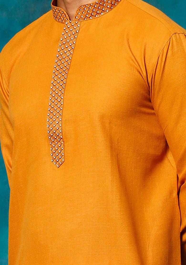 Orange Solid Poly Blend Kurta Set For Men