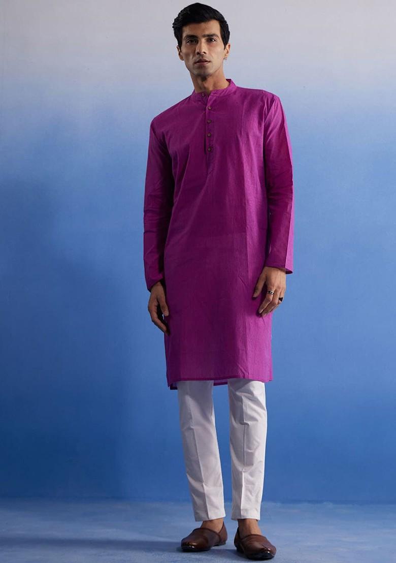 Purple Solid Cotton Kurta Set For Men