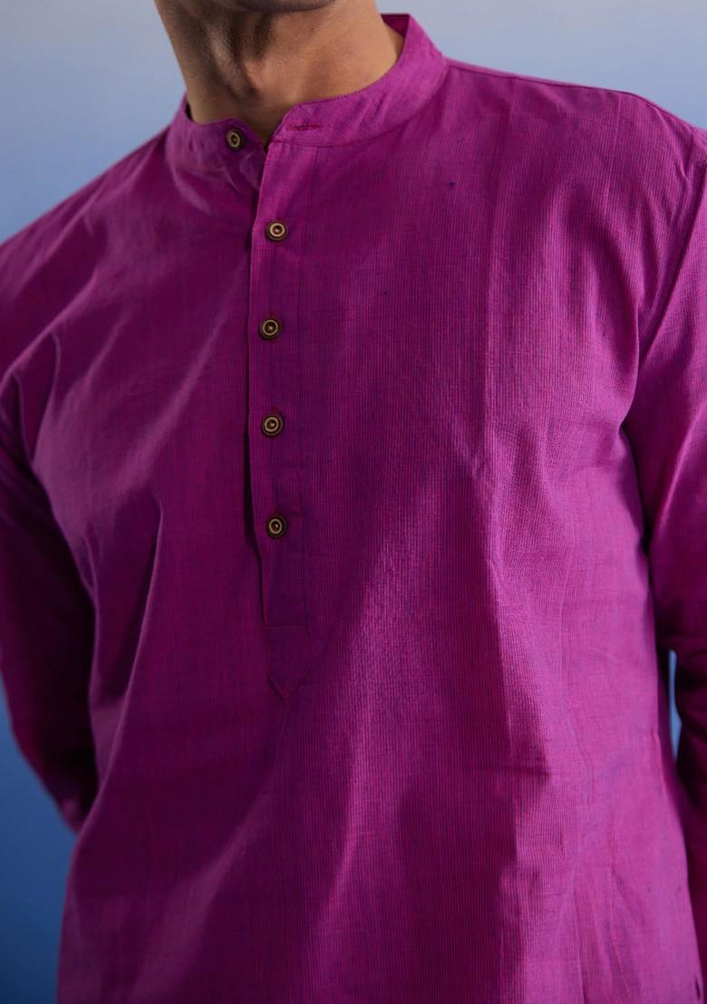 Purple Solid Cotton Kurta Set For Men