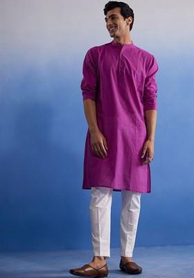 Purple Solid Cotton Kurta Set For Men