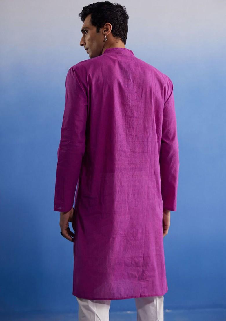 Purple Solid Cotton Kurta Set For Men