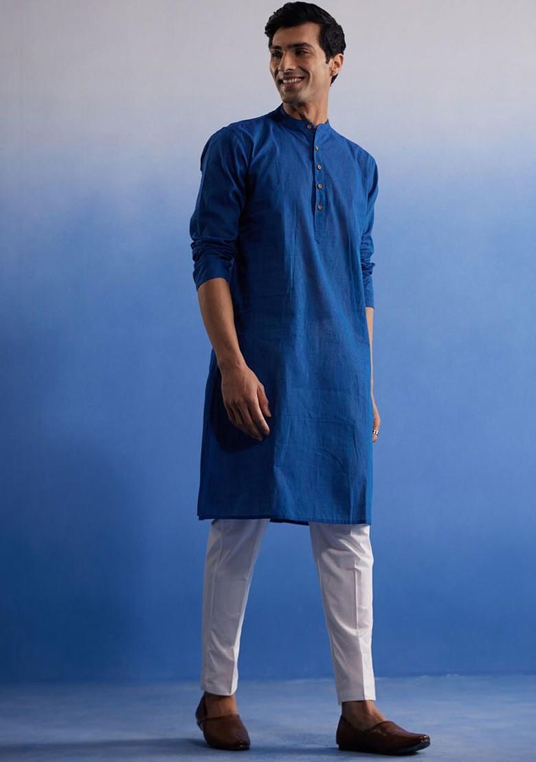 Blue Solid Cotton Kurta Set For Men