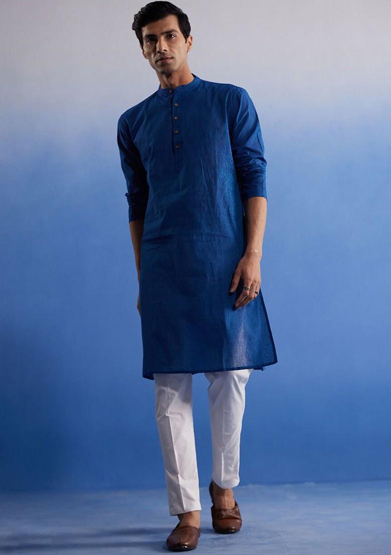 Blue Solid Cotton Kurta Set For Men