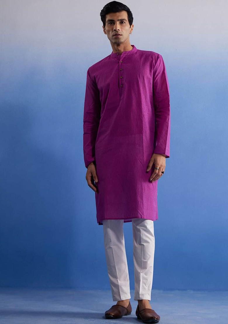 Purple Solid Cotton Kurta Set For Men