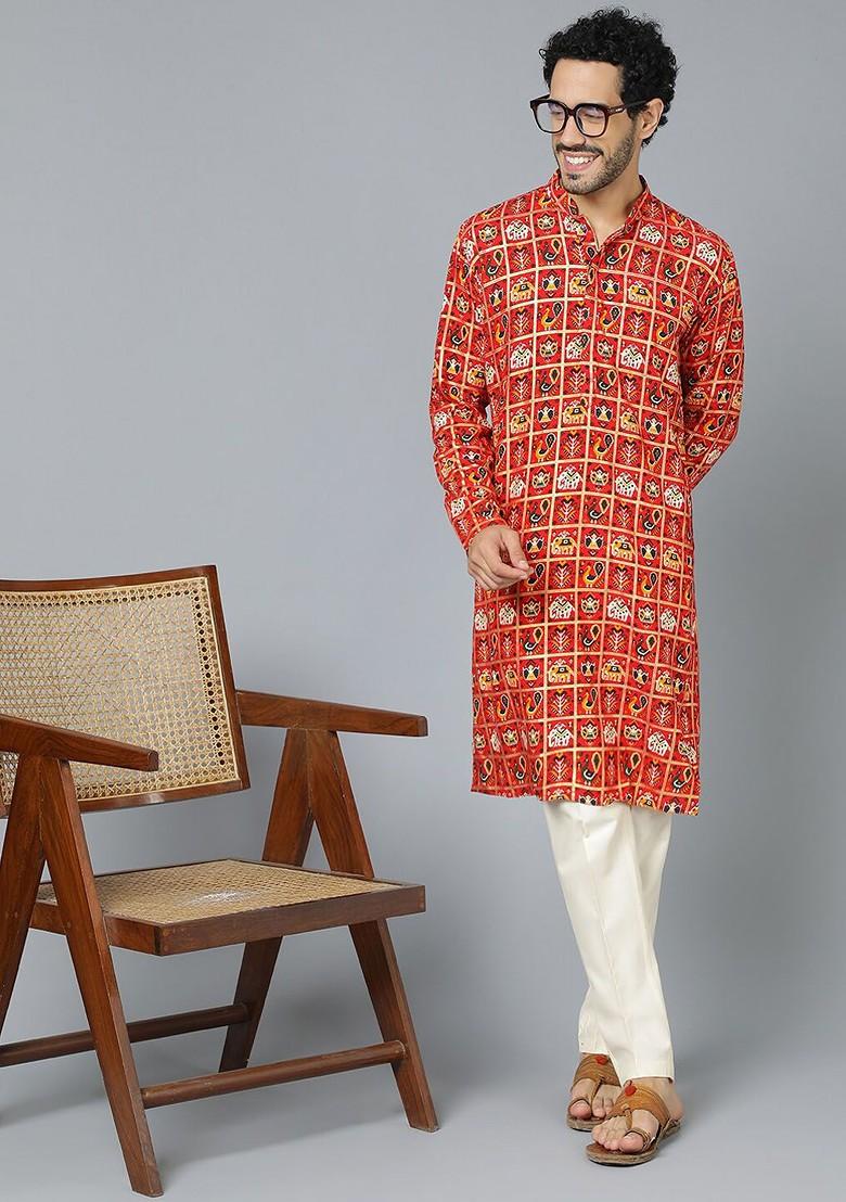 Red Ethnic Motifs Poly Blend Kurta Set For Men
