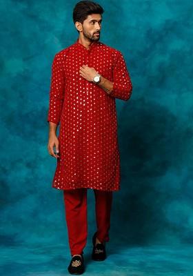 Maroon Embellished Poly Blend Kurta Set For Men