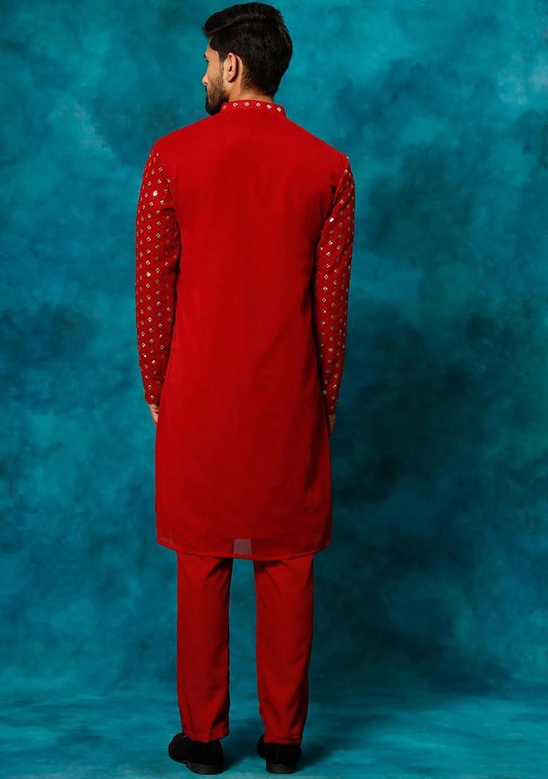 Maroon Embellished Poly Blend Kurta Set For Men