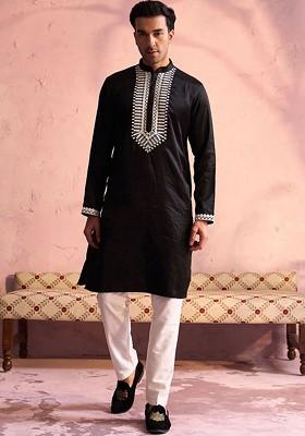 Black Ethnic Motifs Poly Blend Kurta Set For Men