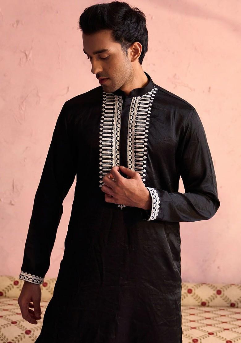 Black Ethnic Motifs Poly Blend Kurta Set For Men