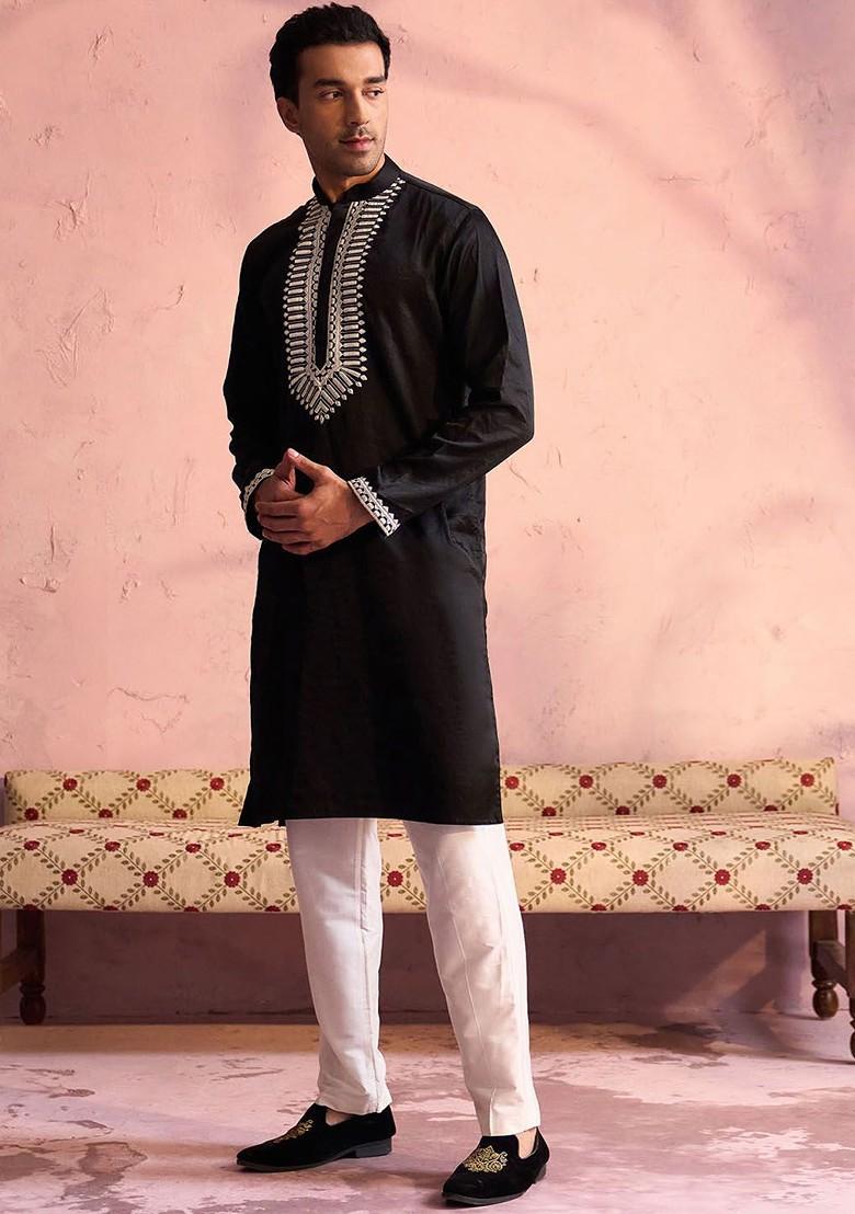 Black Ethnic Motifs Poly Blend Kurta Set For Men